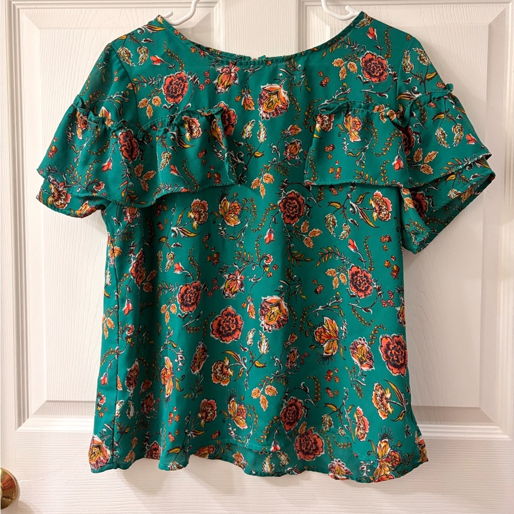 Xhilaration Teal Floral Ruffle Blouse